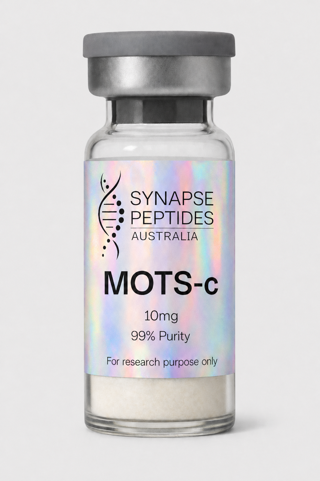 Synapse Peptides Australia MOTS-c 10mg research peptide vial with holographic label